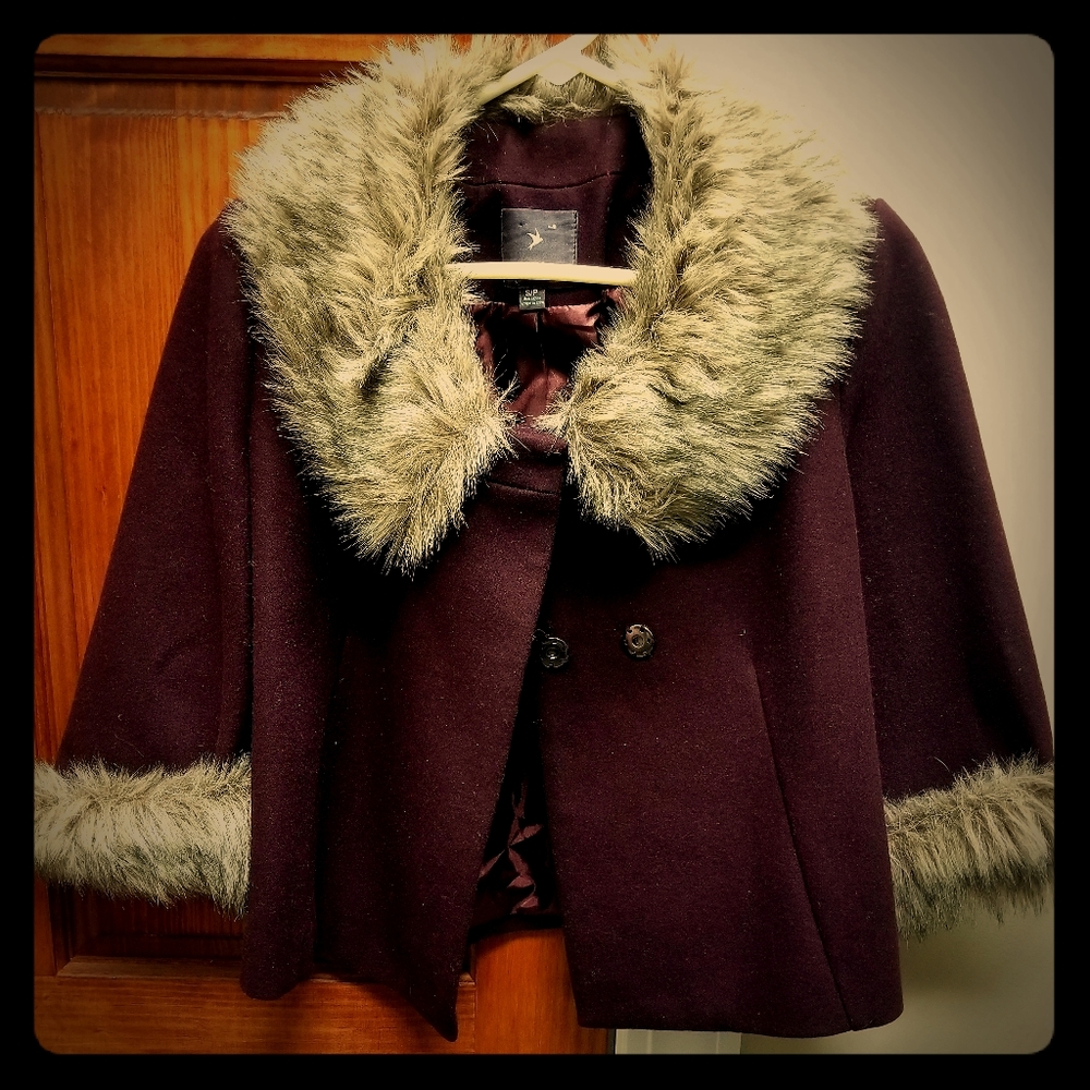 XXI Womens Pea Coat Wool Fur Trim Plum Size Small
